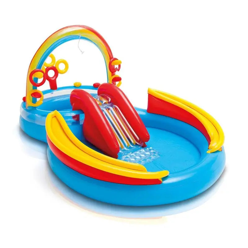 Rainbow Slide Kids Play Inflatable Pool Ring Center with Slide Ring Toss Games & Ball Roller for Ages 2+