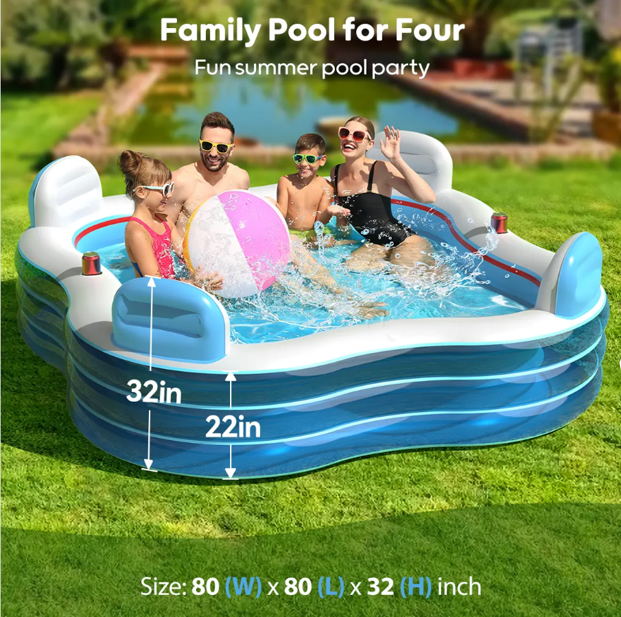 QPAU Inflatable Swimming Pool, Full-Sized Blow Up Pools with Seats and Backrests, Kiddie Pool for Outdoor & Backyard, for Family Summer Time Fun, Jelly Blue