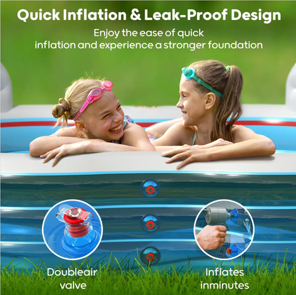 QPAU Inflatable Swimming Pool, Full-Sized Blow Up Pools with Seats and Backrests, Kiddie Pool for Outdoor & Backyard, for Family Summer Time Fun, Jelly Blue