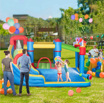 #Summervibes Outsunny 5/6/8-in-1 Summervibes Inflatable Water Slide Kids Bounce House with Splash Pool Climbing Wall Air Pump Water Cannon Slide Trampoline Multifunction Durable Outdoor Backyard Fun