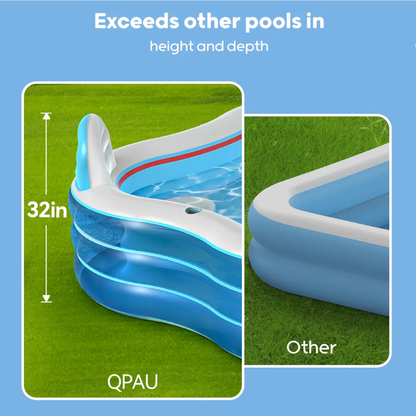 QPAU Inflatable Swimming Pool, Full-Sized Blow Up Pools with Seats and Backrests, Kiddie Pool for Outdoor & Backyard, for Family Summer Time Fun, Jelly Blue