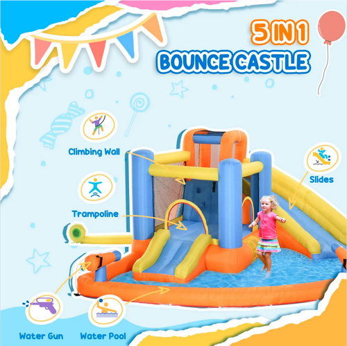 #Summervibes Outsunny 5/6/8-in-1 Summervibes Inflatable Water Slide Kids Bounce House with Splash Pool Climbing Wall Air Pump Water Cannon Slide Trampoline Multifunction Durable Outdoor Backyard Fun