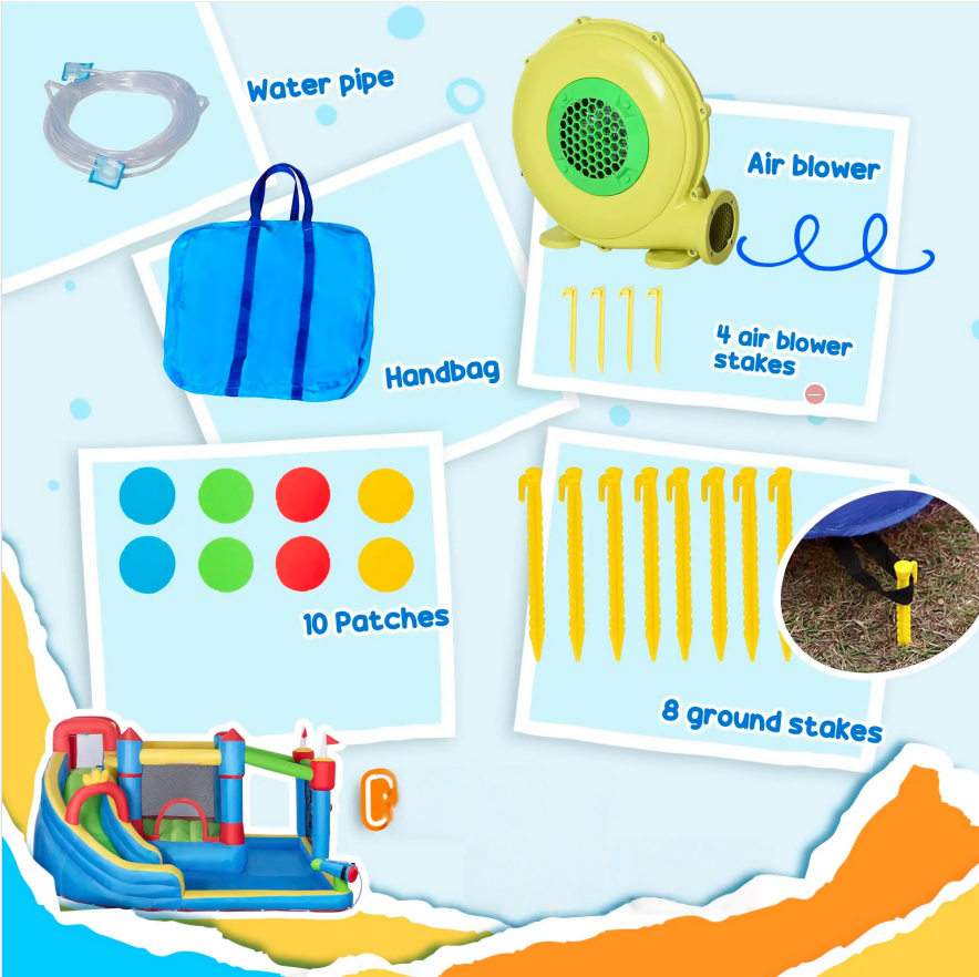 #Summervibes Outsunny 5/6/8-in-1 Summervibes Inflatable Water Slide Kids Bounce House with Splash Pool Climbing Wall Air Pump Water Cannon Slide Trampoline Multifunction Durable Outdoor Backyard Fun