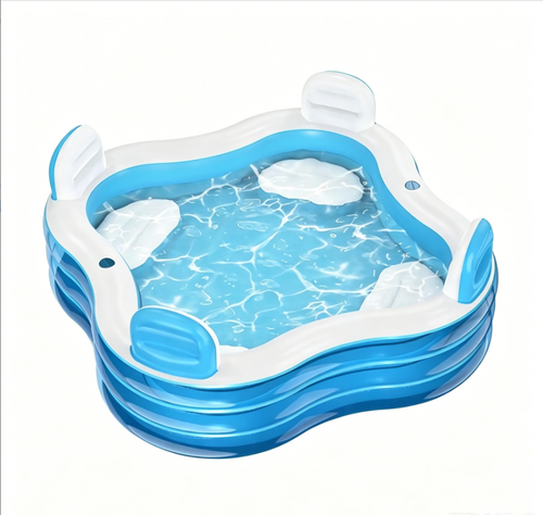QPAU Inflatable Swimming Pool, Full-Sized Blow Up Pools with Seats and Backrests, Kiddie Pool for Outdoor & Backyard, for Family Summer Time Fun, Jelly Blue