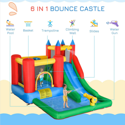 #Summervibes Outsunny 5/6/8-in-1 Summervibes Inflatable Water Slide Kids Bounce House with Splash Pool Climbing Wall Air Pump Water Cannon Slide Trampoline Multifunction Durable Outdoor Backyard Fun