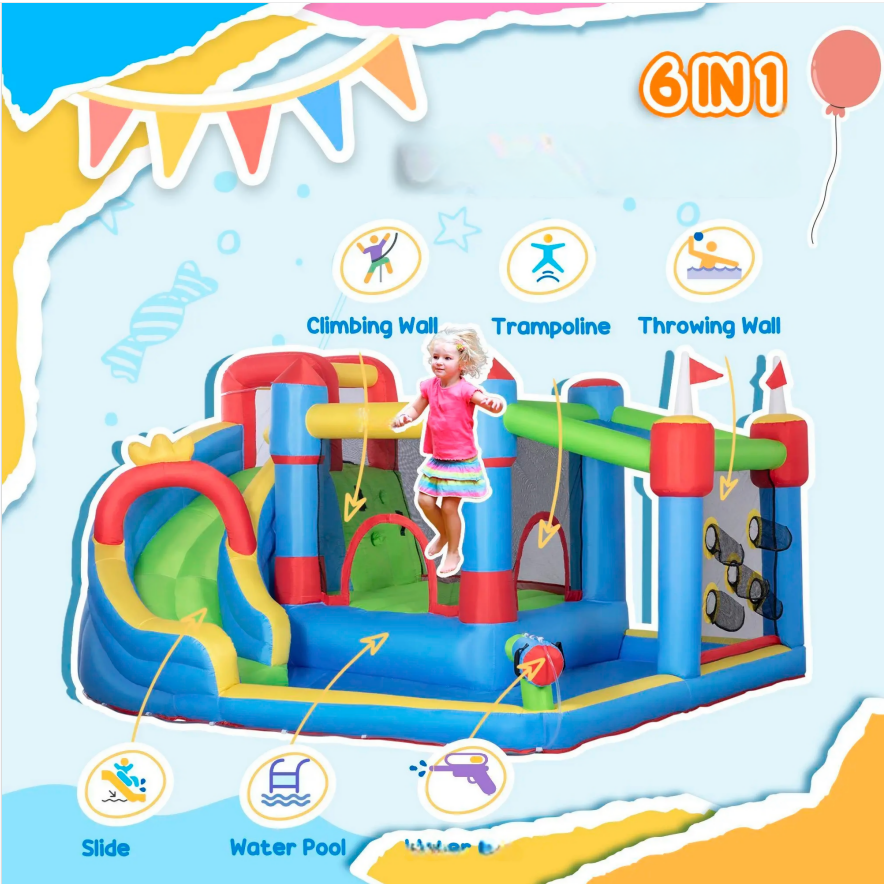 #Summervibes Outsunny 5/6/8-in-1 Summervibes Inflatable Water Slide Kids Bounce House with Splash Pool Climbing Wall Air Pump Water Cannon Slide Trampoline Multifunction Durable Outdoor Backyard Fun