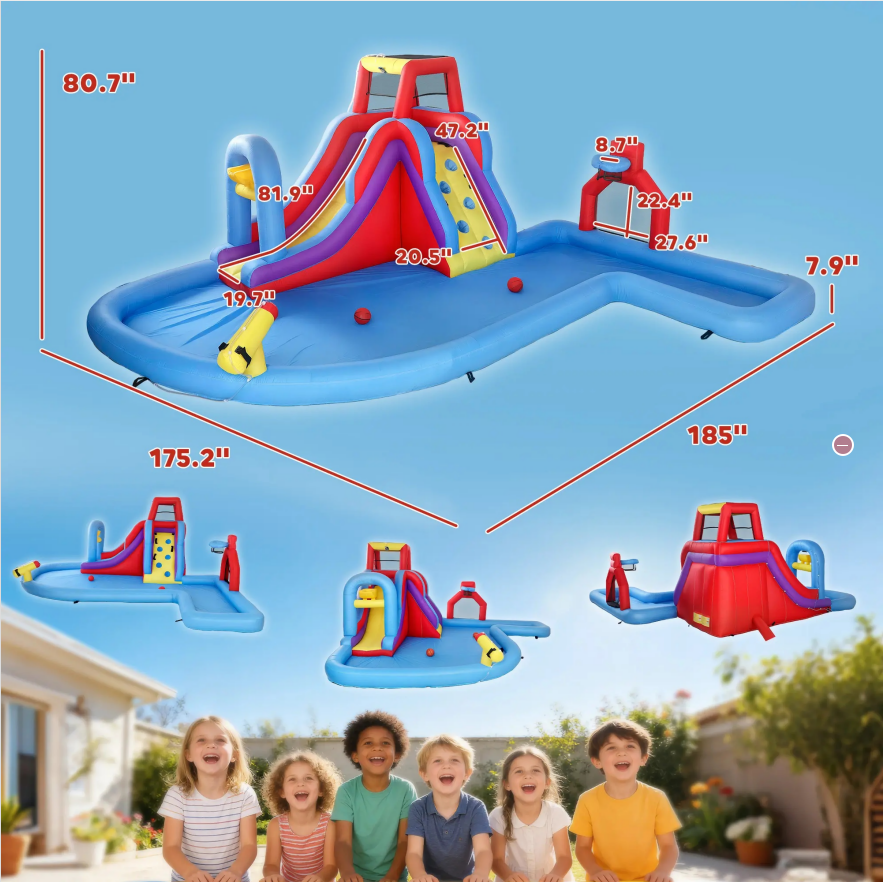 #Summervibes Outsunny 5/6/8-in-1 Summervibes Inflatable Water Slide Kids Bounce House with Splash Pool Climbing Wall Air Pump Water Cannon Slide Trampoline Multifunction Durable Outdoor Backyard Fun