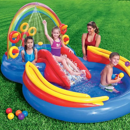 Rainbow Slide Kids Play Inflatable Pool Ring Center with Slide Ring Toss Games & Ball Roller for Ages 2+