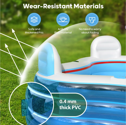 QPAU Inflatable Swimming Pool, Full-Sized Blow Up Pools with Seats and Backrests, Kiddie Pool for Outdoor & Backyard, for Family Summer Time Fun, Jelly Blue