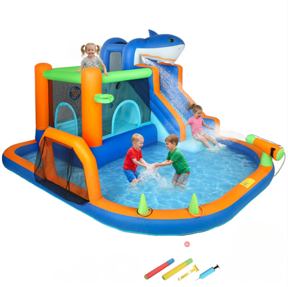 #Summervibes Outsunny 5/6/8-in-1 Summervibes Inflatable Water Slide Kids Bounce House with Splash Pool Climbing Wall Air Pump Water Cannon Slide Trampoline Multifunction Durable Outdoor Backyard Fun