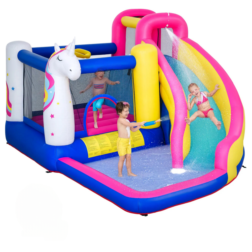 #Summervibes Outsunny 5/6/8-in-1 Summervibes Inflatable Water Slide Kids Bounce House with Splash Pool Climbing Wall Air Pump Water Cannon Slide Trampoline Multifunction Durable Outdoor Backyard Fun