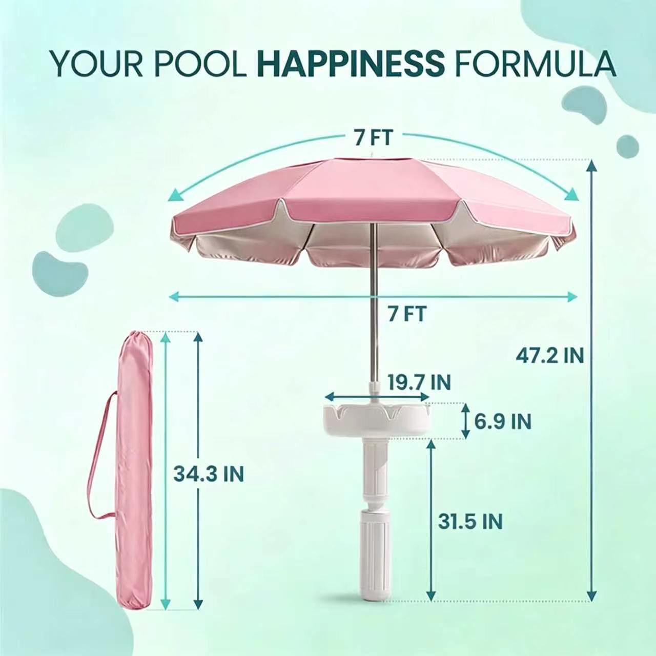 Floating Pool Umbrella with Bar and Base, Portable Pool Bar Table Umbrellas with Cup Holder & Phone Stand, Floating Poolside Shade, Included Easy Carry Bag, for Inside of Pool, Swimming Area, Lake House, Beach, #Summervibes