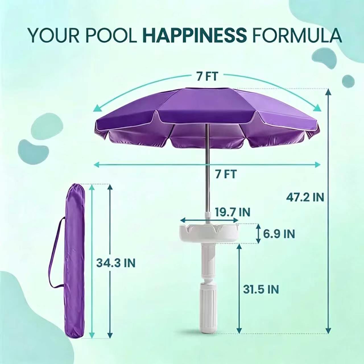 Floating Pool Umbrella with Bar and Base, Portable Pool Bar Table Umbrellas with Cup Holder & Phone Stand, Floating Poolside Shade, Included Easy Carry Bag, for Inside of Pool, Swimming Area, Lake House, Beach, #Summervibes