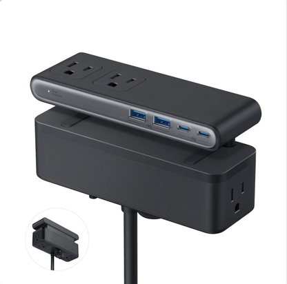 Power Strip, Desk Clamp with 1500J Surge Protection,5 ft Extension Cord, 70W Max Gaming Desk Accessory, 6 AC, 2 USB A, 2 USB C, Home Office Essential, Fitts 0.6 - 1.8" Tabletop Edge