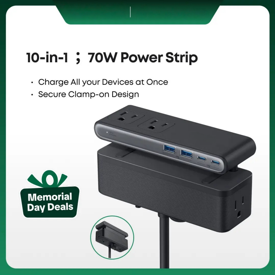 Power Strip, Desk Clamp with 1500J Surge Protection,5 ft Extension Cord, 70W Max Gaming Desk Accessory, 6 AC, 2 USB A, 2 USB C, Home Office Essential, Fitts 0.6 - 1.8" Tabletop Edge