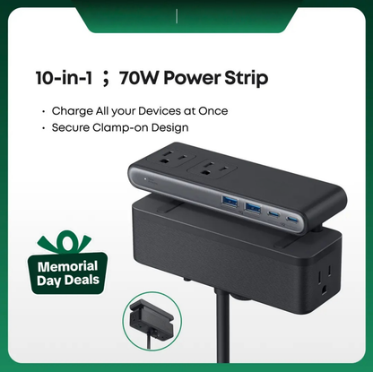 Power Strip, Desk Clamp with 1500J Surge Protection,5 ft Extension Cord, 70W Max Gaming Desk Accessory, 6 AC, 2 USB A, 2 USB C, Home Office Essential, Fitts 0.6 - 1.8" Tabletop Edge