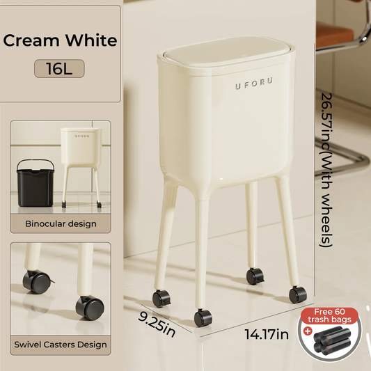 UFORU 16L Rolling Trash Can Includes 60 Trash Bags No-Bend High-Leg Design Pressure-Sealed Odor-Proof Lid Lockable Wheels Space-Saving Slim Profile Durable ABS & PP Construction Three Color Options for Kitchen & Living Room