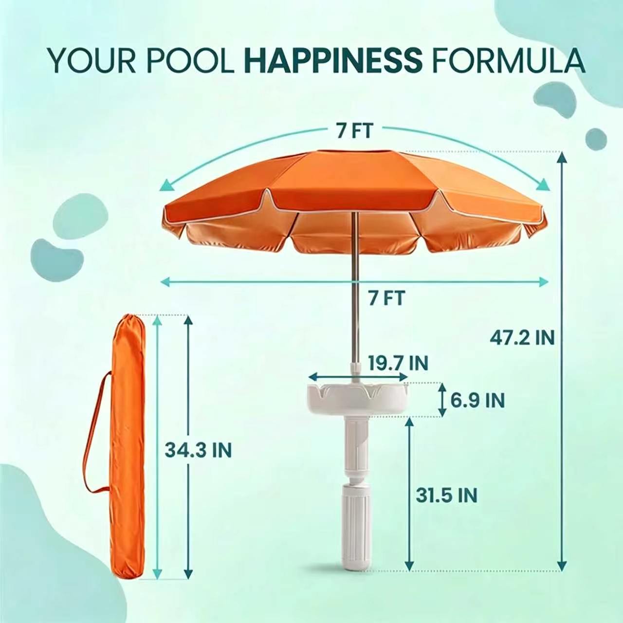 Floating Pool Umbrella with Bar and Base, Portable Pool Bar Table Umbrellas with Cup Holder & Phone Stand, Floating Poolside Shade, Included Easy Carry Bag, for Inside of Pool, Swimming Area, Lake House, Beach, #Summervibes