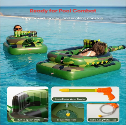 🔥Hot Sale 50% Inflatable Tank Pool Float for Adults & Kids 6+ Years Old, Ride-On Camouflage Floaty with Water Cannon, Swim Raft Toy for Boys Girls Ages 6+, Lake Backyard Pool Party Waterpark Floaties
