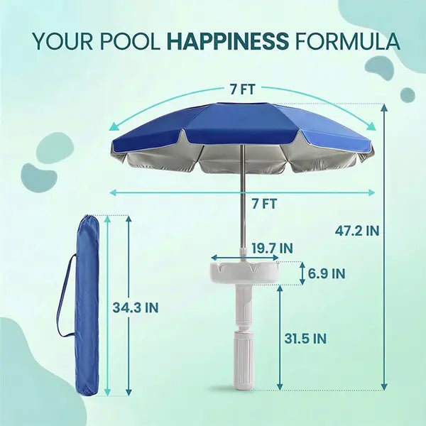 Floating Pool Umbrella with Bar and Base, Portable Pool Bar Table Umbrellas with Cup Holder & Phone Stand, Floating Poolside Shade, Included Easy Carry Bag, for Inside of Pool, Swimming Area, Lake House, Beach, #Summervibes