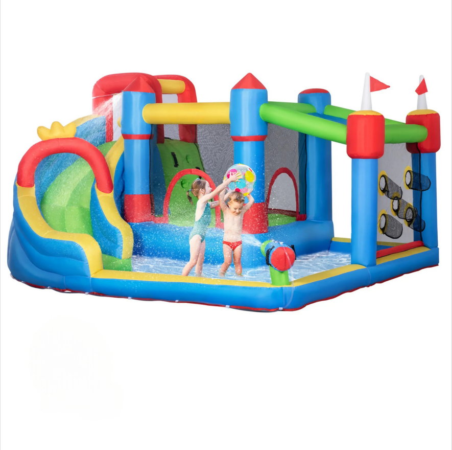 #Summervibes Outsunny 5/6/8-in-1 Summervibes Inflatable Water Slide Kids Bounce House with Splash Pool Climbing Wall Air Pump Water Cannon Slide Trampoline Multifunction Durable Outdoor Backyard Fun