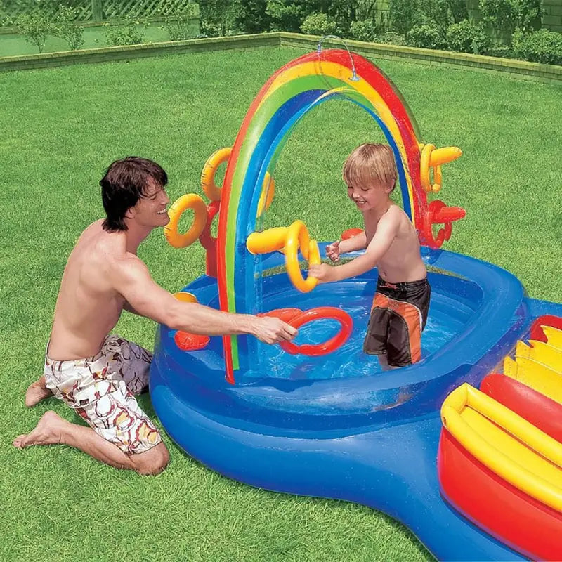 Rainbow Slide Kids Play Inflatable Pool Ring Center with Slide Ring Toss Games & Ball Roller for Ages 2+
