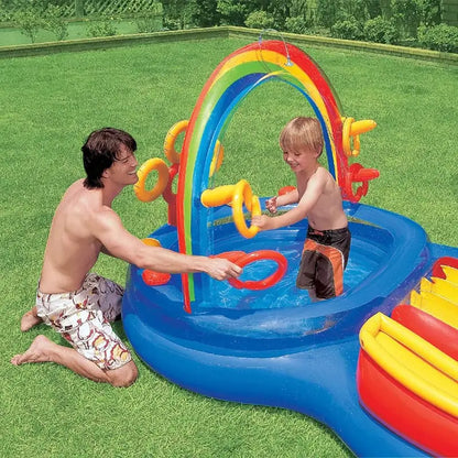 Rainbow Slide Kids Play Inflatable Pool Ring Center with Slide Ring Toss Games & Ball Roller for Ages 2+