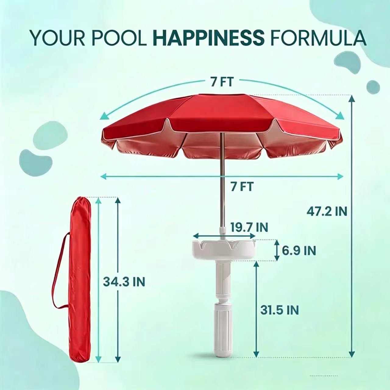 Floating Pool Umbrella with Bar and Base, Portable Pool Bar Table Umbrellas with Cup Holder & Phone Stand, Floating Poolside Shade, Included Easy Carry Bag, for Inside of Pool, Swimming Area, Lake House, Beach, #Summervibes