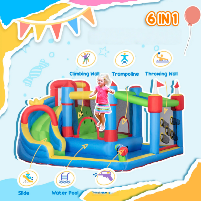 #Summervibes Outsunny 5/6/8-in-1 Summervibes Inflatable Water Slide Kids Bounce House with Splash Pool Climbing Wall Air Pump Water Cannon Slide Trampoline Multifunction Durable Outdoor Backyard Fun