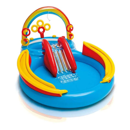 Rainbow Slide Kids Play Inflatable Pool Ring Center with Slide Ring Toss Games & Ball Roller for Ages 2+