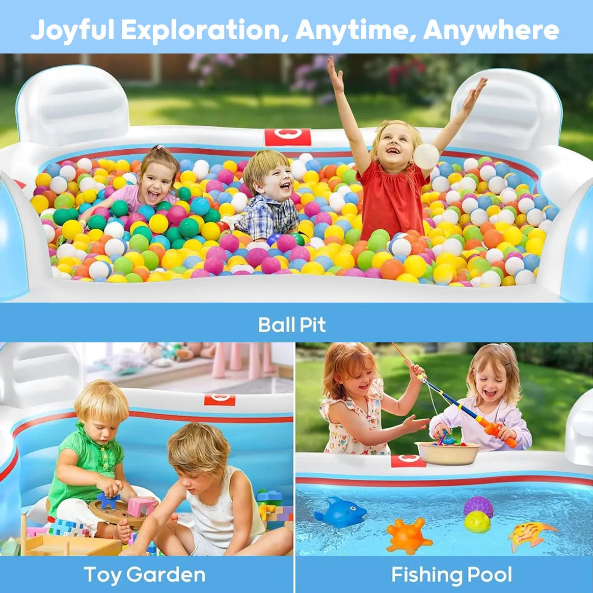 QPAU Inflatable Swimming Pool, Full-Sized Blow Up Pools with Seats and Backrests, Kiddie Pool for Outdoor & Backyard, for Family Summer Time Fun, Jelly Blue