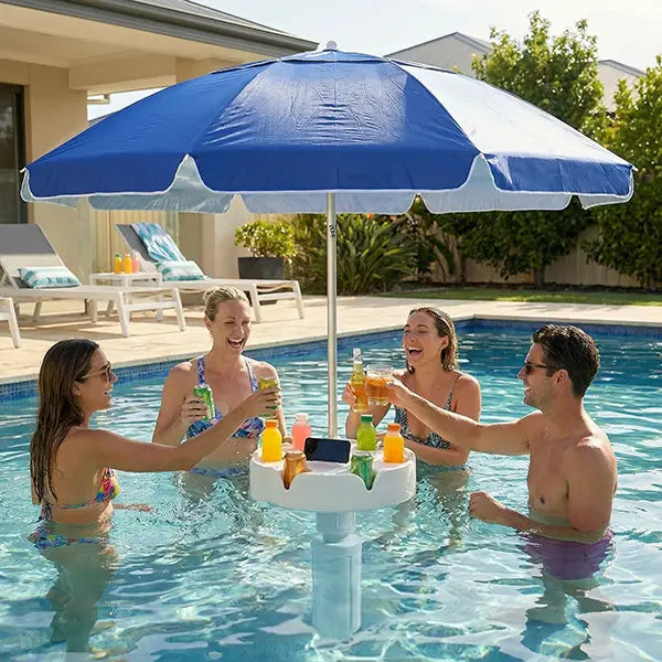 Floating Pool Umbrella with Bar and Base, Portable Pool Bar Table Umbrellas with Cup Holder & Phone Stand, Floating Poolside Shade, Included Easy Carry Bag, for Inside of Pool, Swimming Area, Lake House, Beach, #Summervibes